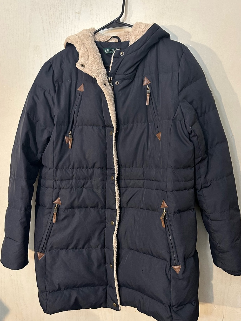 Lauren Ralph Lauren Women’s Large Navy Down Puffer Coat Sherpa Hood Long Jacket